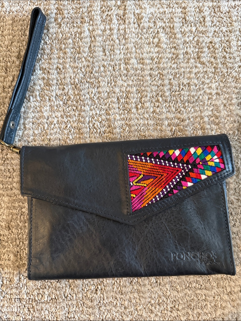 Black Leather Wristlet Clutch with Colorful Embroidered Accent